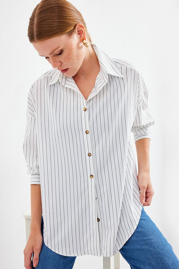 20208 Çizgili Oversize Uzun Basic Gömlek - Beyaz - 5