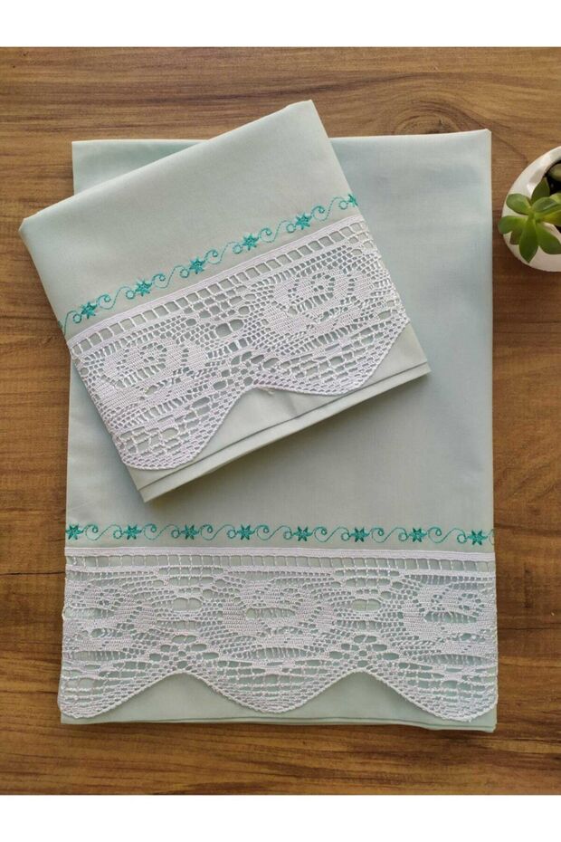 Pintucked Lacy Nile Green Dowry Pillow Case 50&70