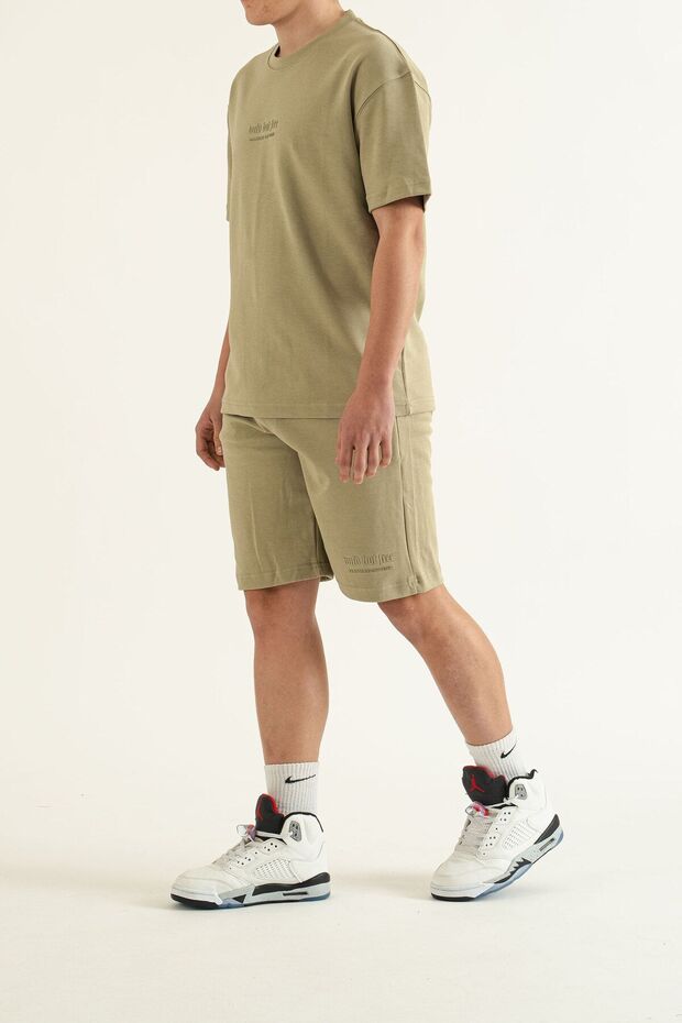 Khaki Men's Oversize Set - Plain Printed T-Shirt and Shorts Set