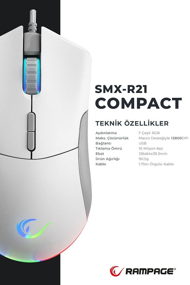 Smx-r21 Compact Usb Beyaz Rgb Ledli Makrolu 12800dpi / 1000hz Drag Click Gaming Oyuncu Mouse - 5