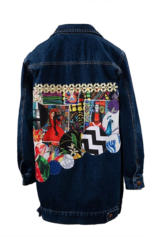 Navy Blue Patched Denim Jacket, Women's Denim Jacket, Designer Denim Jacket