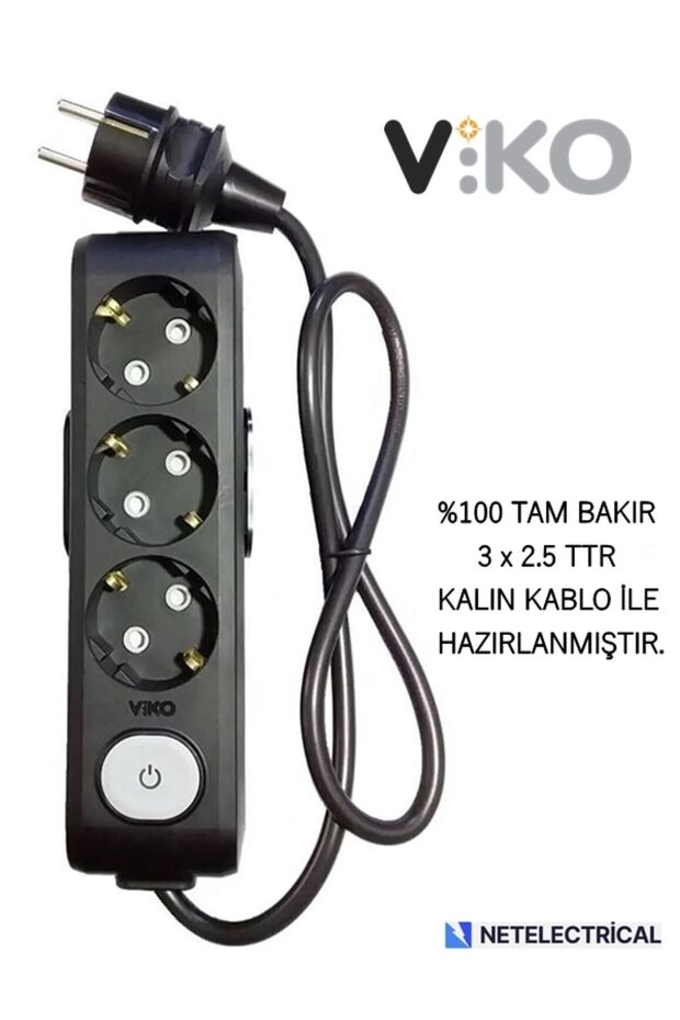 Multi-let Siyah 3'lü 4 Metre Anahtarlı Topraklı Ç.K (3x2.5 TTR TAM BAKIR KALIN KABLOLU) Grup Priz - 3