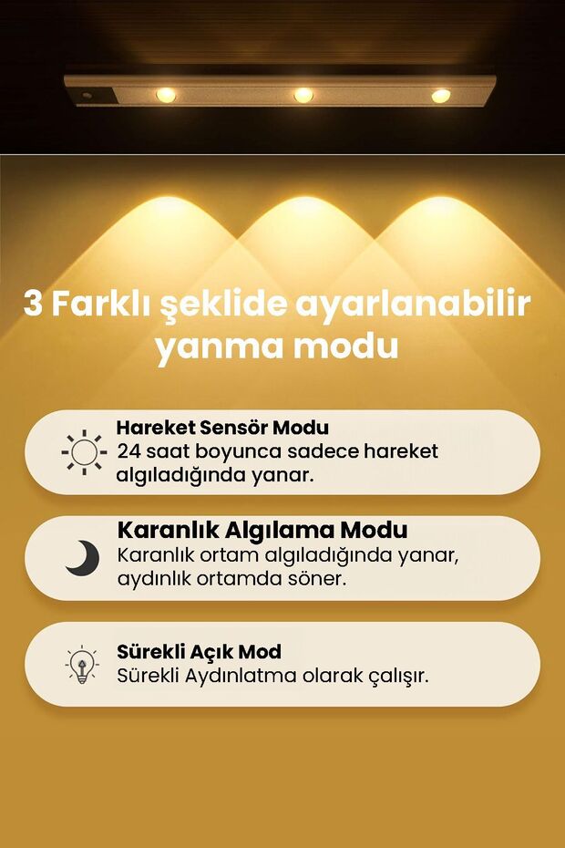 3 Ledli Akıllı Hareket Sensörlü Usbli 3 Işık Modlu Lamba Dolap Mutfak Işığı - 3