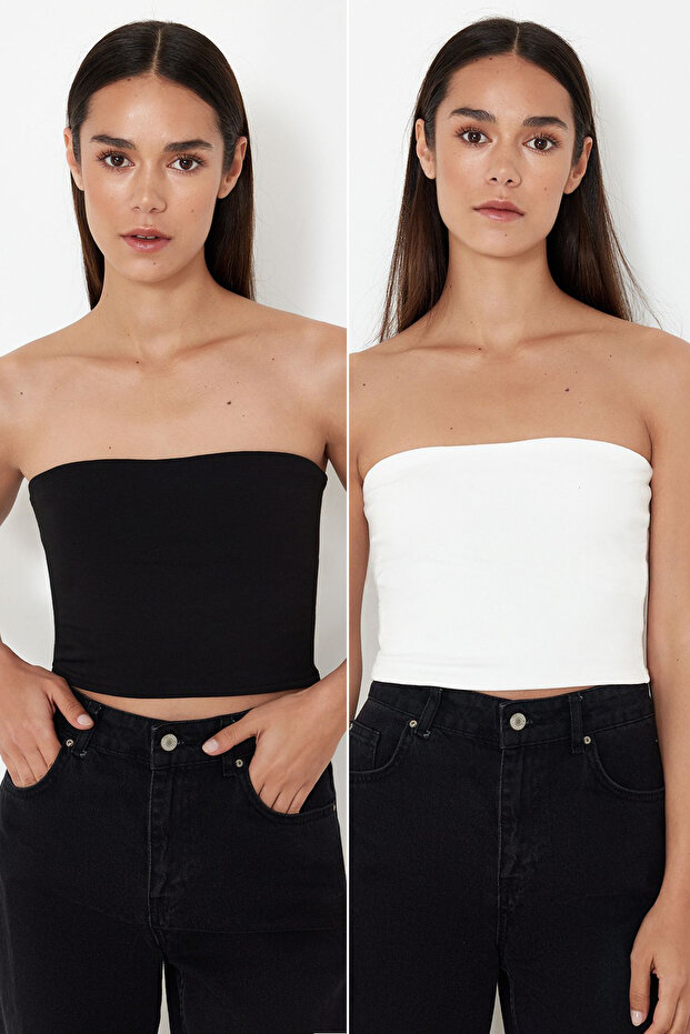 Siyah-Ekru 2'Li Paket Fitted Crop Esnek Örme Bluz TWOSS24BZ00600 - 1