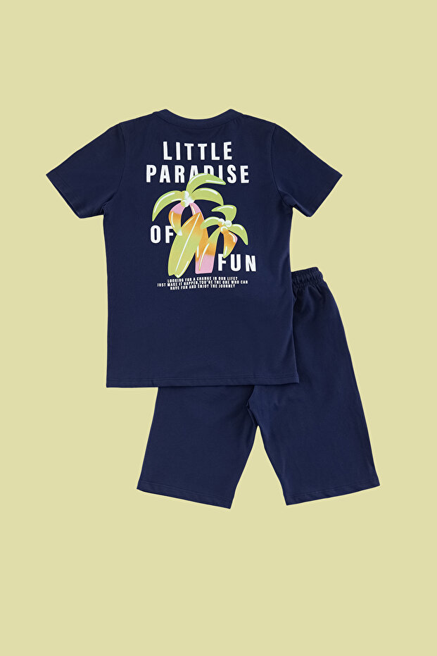 Lacivert Erkek Çocuk %100 Pamuk Tropik Baskılı Örme T-Shirt Şort Alt-Üst Takım TKDSS24AU00005 - 6