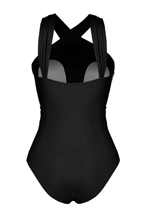 Siyah Drapeli Halter Yaka Kaplı Regular Mayo TBESS20MA0298 - 8