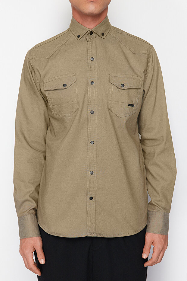 Haki Regular Fit Çıtçıtlı Denim Kot Gömlek TMNSS24GO00081 - 5