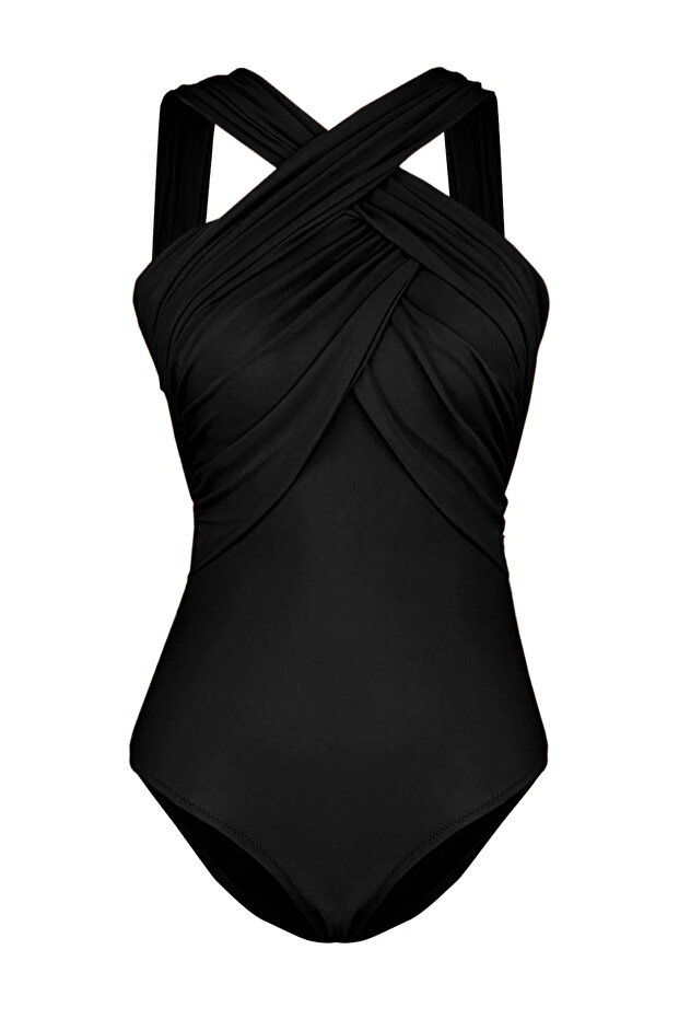 Siyah Drapeli Halter Yaka Kaplı Regular Mayo TBESS20MA0298 - 6