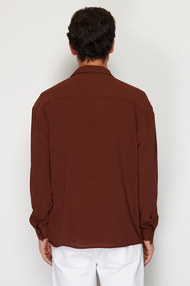 Kahverengi Oversize Fit Apaş Yaka Yazlık Keten Görünümlü Gömlek TMNSS23GO00053 - 6