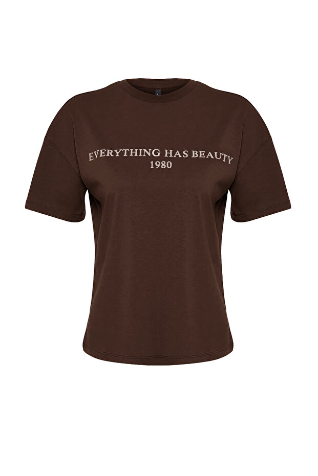 Kahverengi %100 Pamuk Slogan Baskılı Relaxed/Geniş Rahat Kesim Örme T-Shirt TWOSS19GH0034 - 9