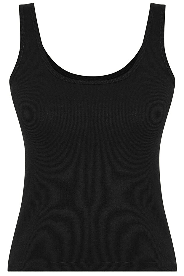 Siyah Fitted/Vücuda Oturan Havuz Yaka Fitilli Esnek Örme Atlet TWOSS22AL0042 - 7