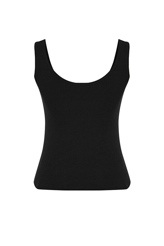 Siyah Fitted/Vücuda Oturan Havuz Yaka Fitilli Esnek Örme Atlet TWOSS22AL0042 - 6