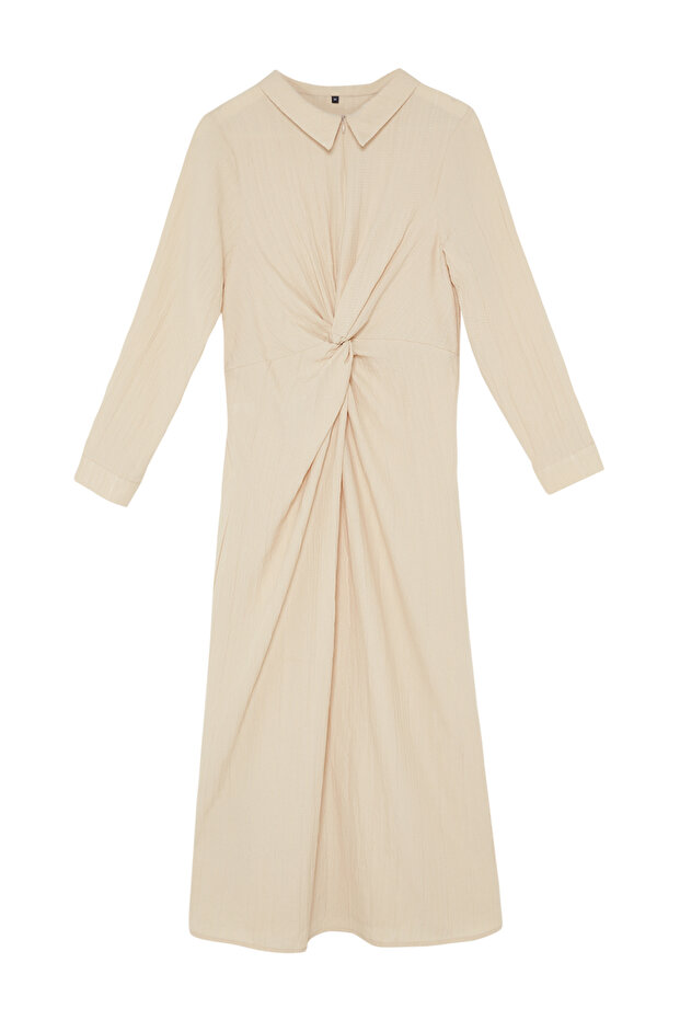 Béžové predné tkané šaty s uzlom a zipsom TCTSS23EB00137 - 7