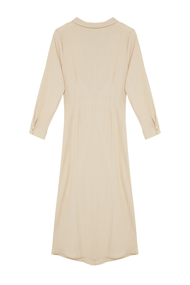 Béžové predné tkané šaty s uzlom a zipsom TCTSS23EB00137 - 8