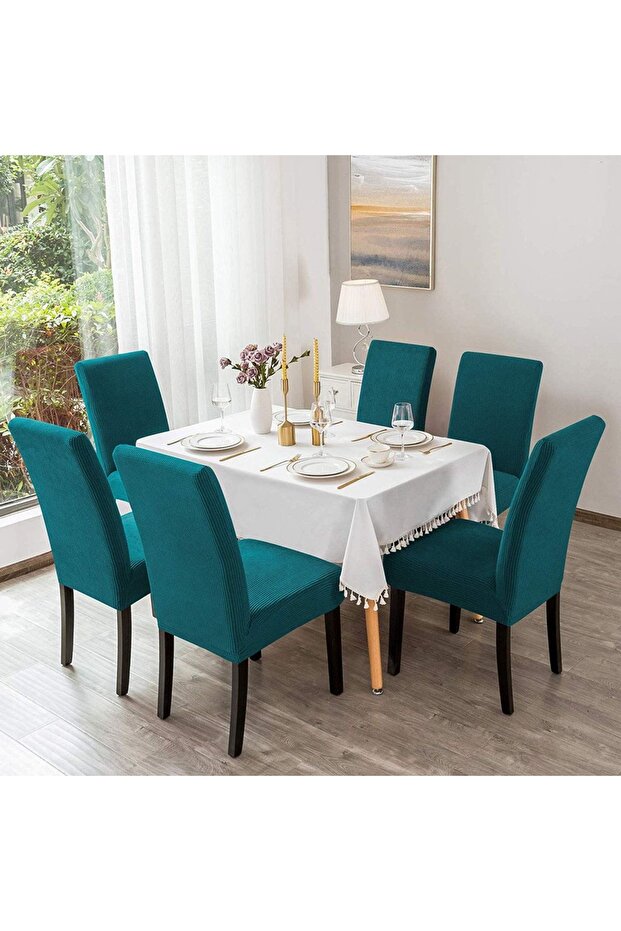 6-Piece Chair Cover Petrol Blue Color Lycra Washable