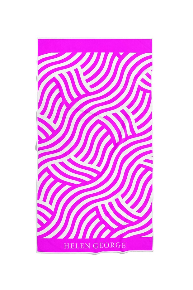 Neon Pembe Beyaz Geometrik Desenli Oversıze Plaj Havlusu - 5
