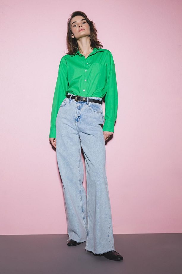 Oversize Fit Poplin Uzun Kollu %100 Pamuk Gömlek V3984az22sm - 2