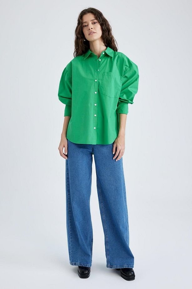 Oversize Fit Poplin Uzun Kollu %100 Pamuk Gömlek V3984az22sm - 5