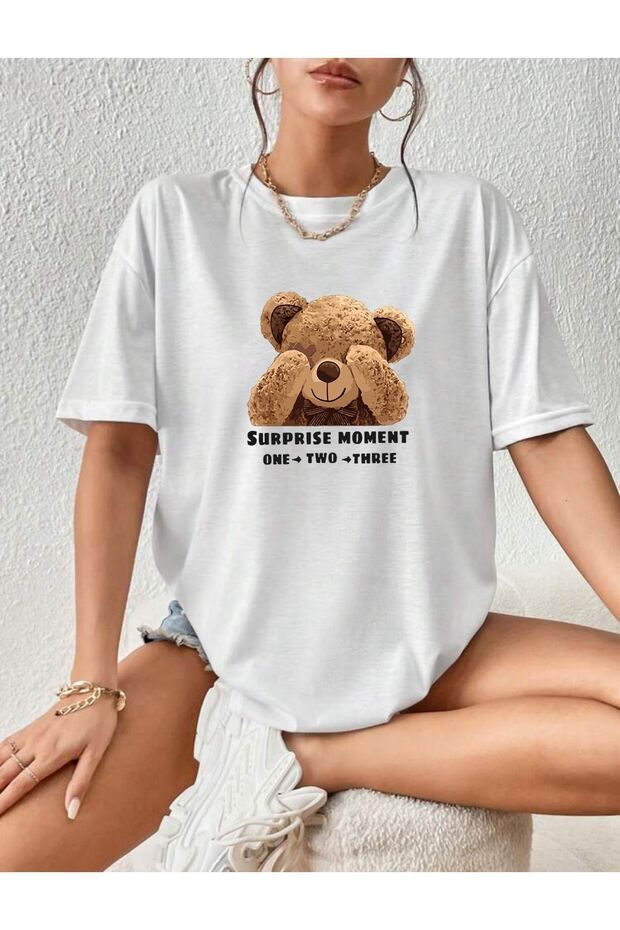Women's White Surprise Bear Printed Oversize T-Shirt
