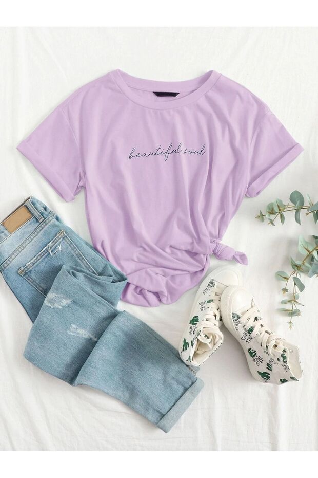 Women's Lilac Beautiful Soul Printed Oversized T-Shirt