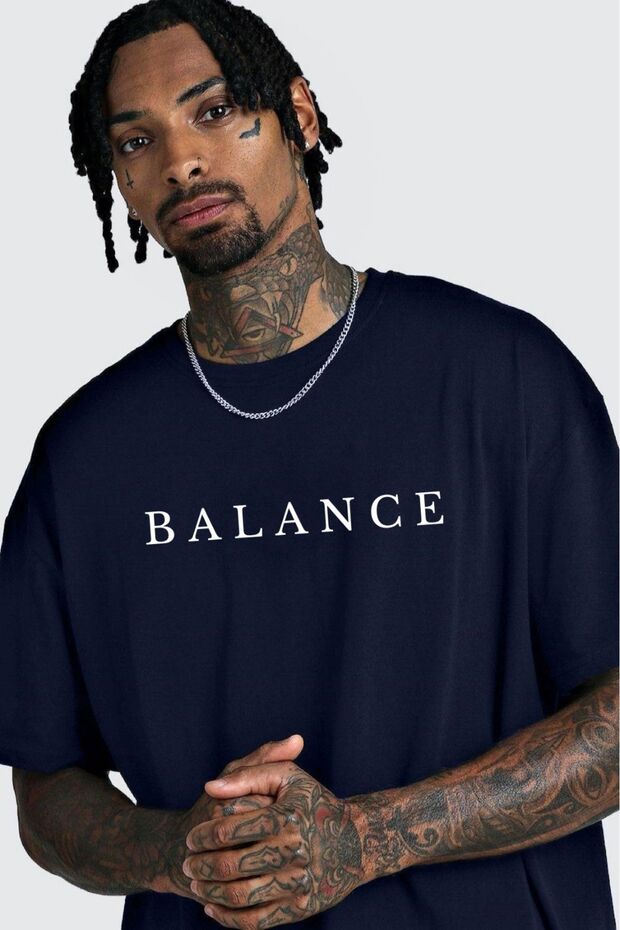 Men's Navy Blue Balance Printed Oversize T-Shirt