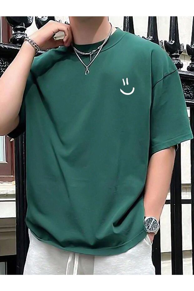 Men's Nefti Green Emoji Printed Oversize T-Shirt