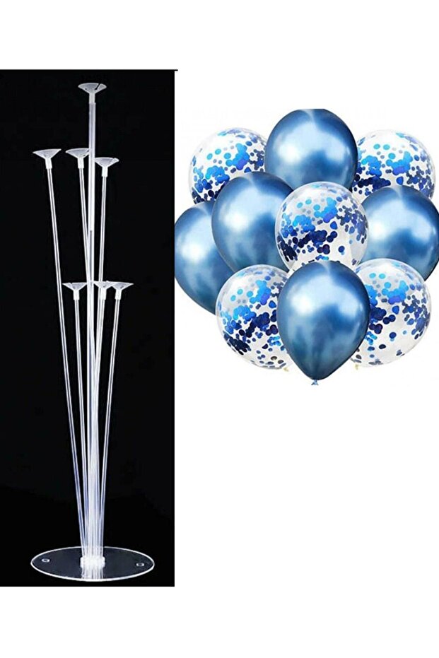 7 Balloon Stand and 10 Pcs Metallic Blue and Clear Confetti Balloons Set