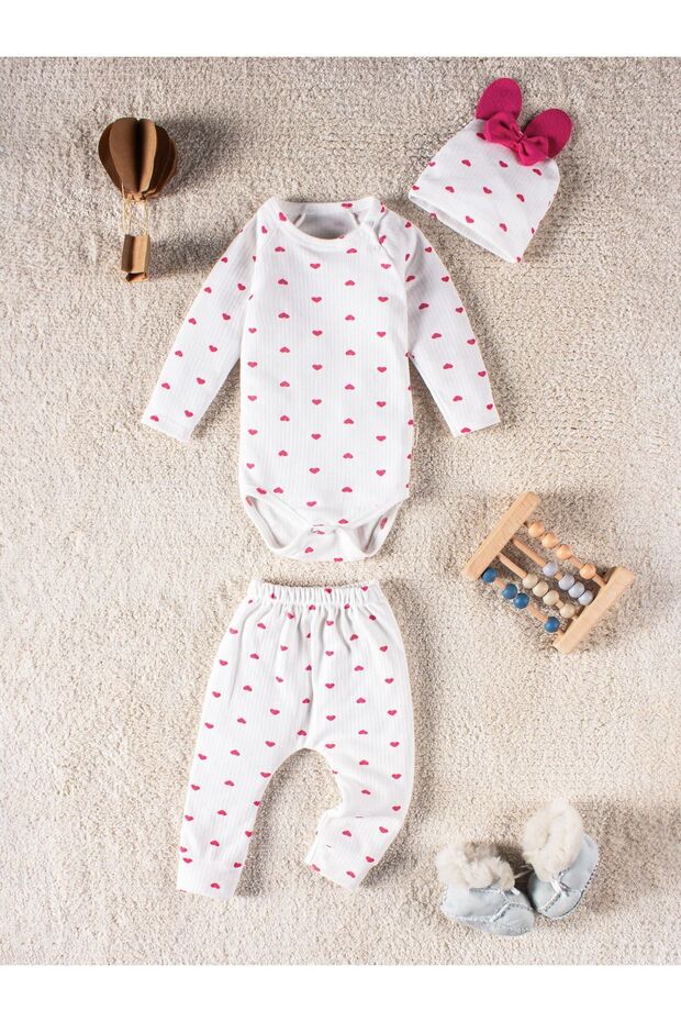 Baby Girl Set with Heart 3 Piece Bow and Hat