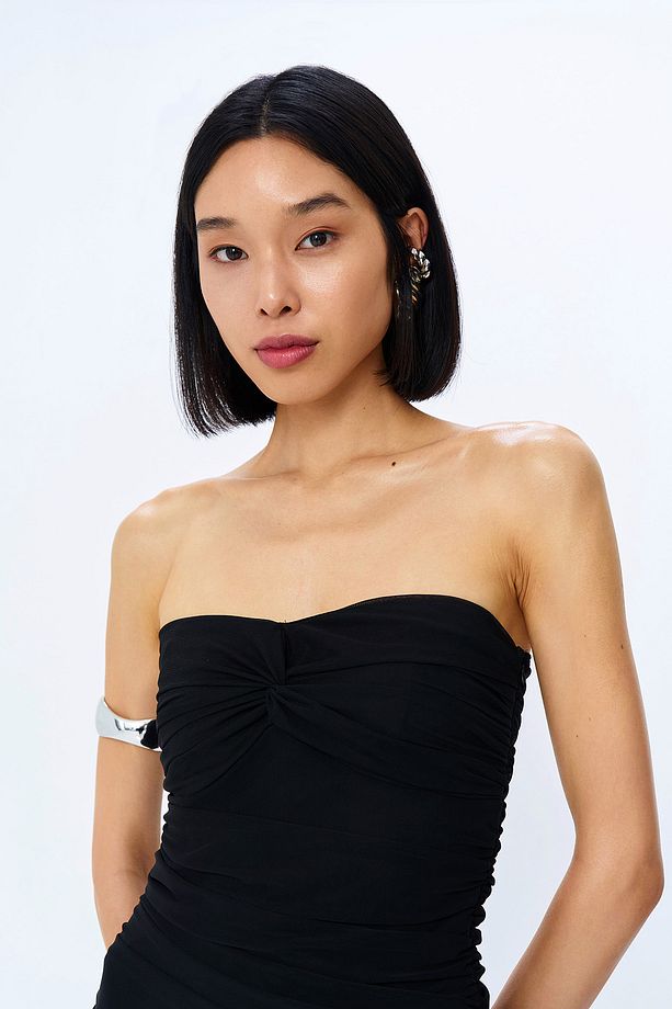 Drape Detaylı Straplez Midi Elbise Siyah - 4