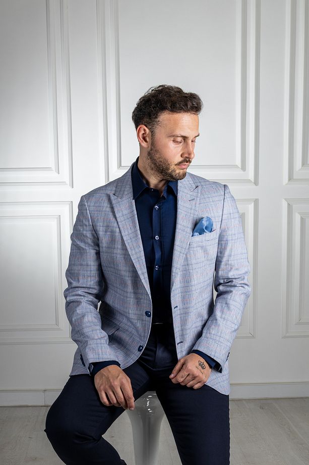 İnterview Sarar Amara Kırlangıç Yaka Slim Fit Kareli Mavi Ceket - 9