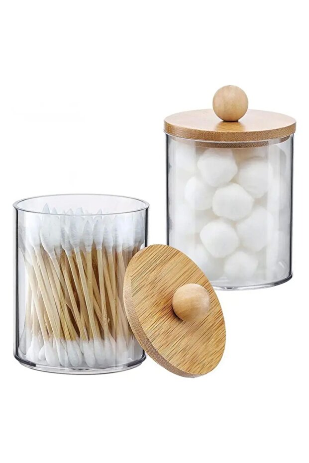 2 Pcs Bamboo Lid, Clear Glass Jar, Stick, Cotton, Floss, Makeup Brush Organizer