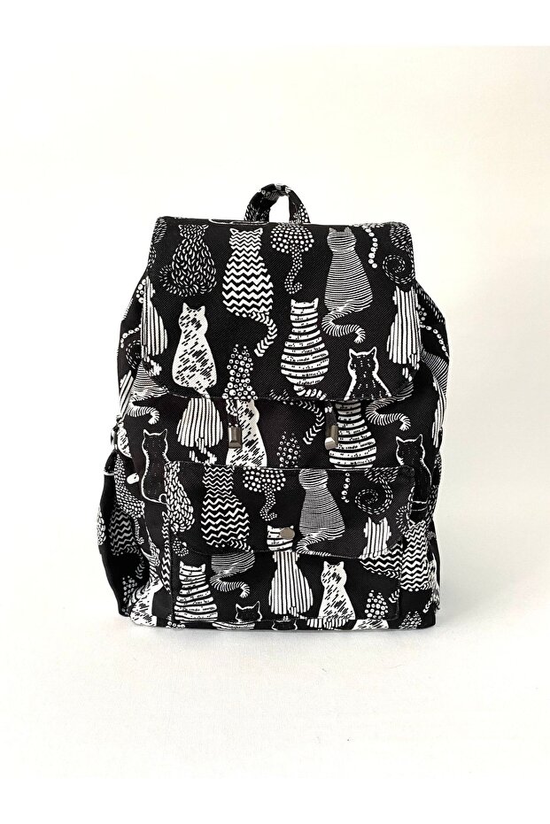 حقيبة ظهر منقوشة باللونين الأبيض والأسود مع جيوب - 7