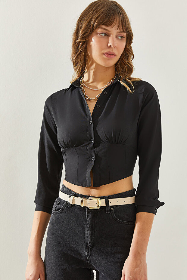Women's Black Long Sleeve Shirt with Elastic Back 60251271
