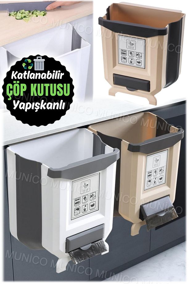Çöp Poşeti Hazneli Tezgah Dolap Çalışma Masası Duvara Pratik Montaj Çöp Kutusu Kovası Katlanabilir - 4