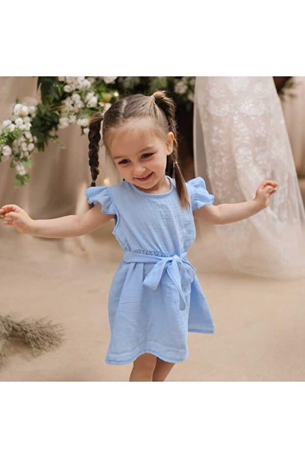 Girl's Ruffle Sleeve Belted Muslin Dress Eid