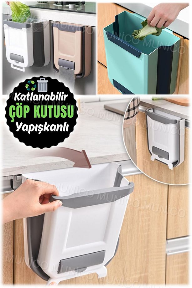 Çöp Poşeti Hazneli Tezgah Dolap Çalışma Masası Duvara Pratik Montaj Çöp Kutusu Kovası Katlanabilir - 9
