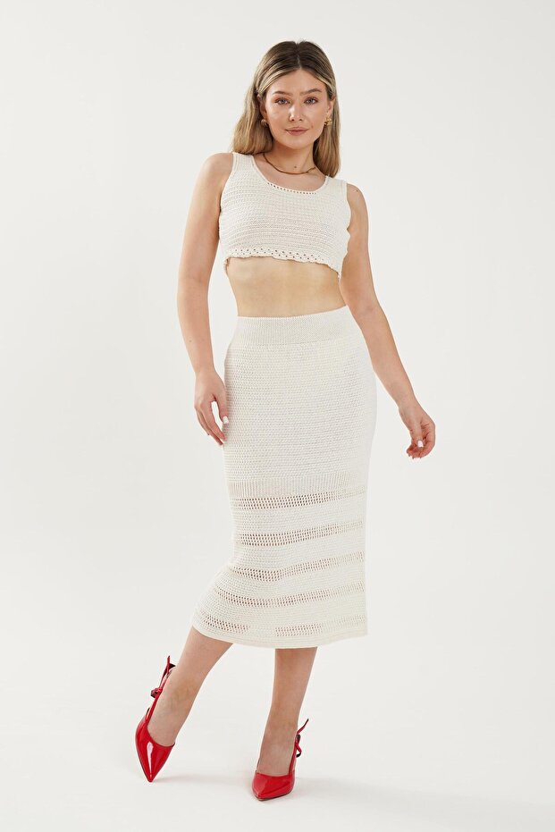 Cropped Skirt and Beige Knit Set