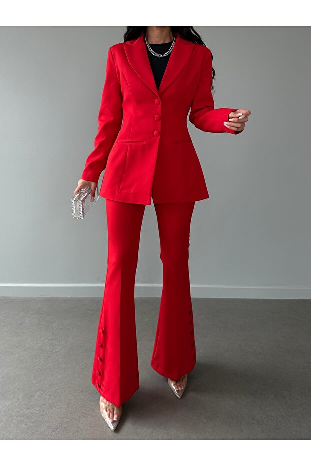 Red Fleto Pocket Button Blazer Jacket with Belt Flared Leg Button Stretchy Pants Suit