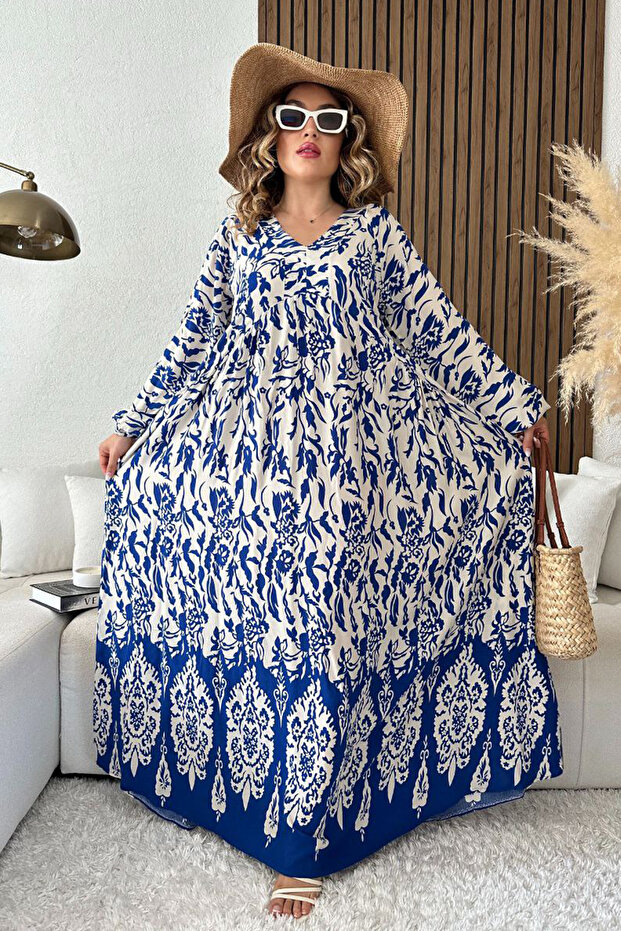 Women's White Blue V-Neck Ethnic Patterned Balloon Sleeve Long Dress