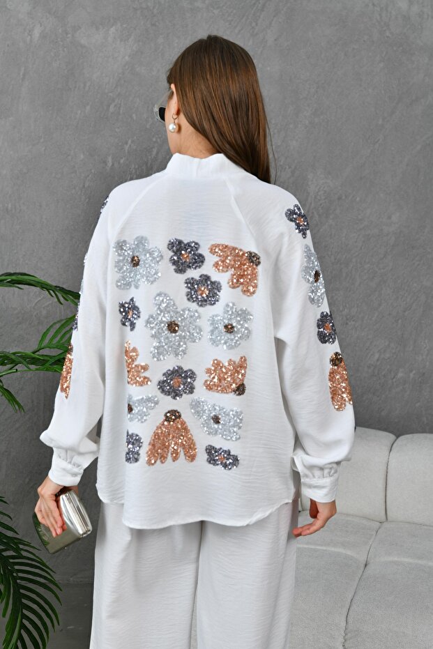 Women's Back and Sleeve Sequin Embroidered Linen Kimono Jacket and Trousers Two-Piece Set