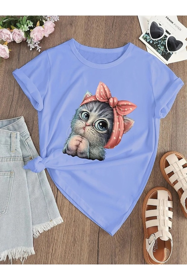 CAT PRINT KIDS T-SHIRT - CREW NECK T-SHIRT