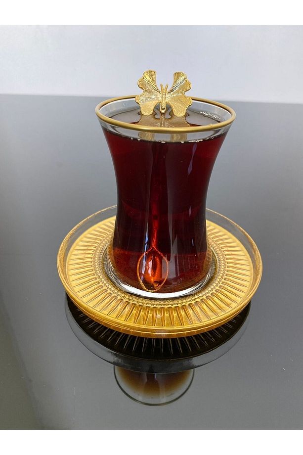 ÇAY SETİ 18 PARÇA TAM BOYALI ELYSİA MODEL TABAK & 6 ADET GOLD KELEBEK ÇAY KAŞIĞI - 2