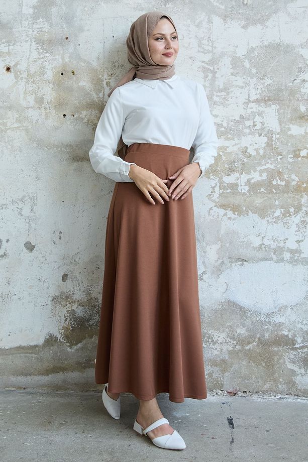 Duble Örme Kumaş Etek - Taba - 5