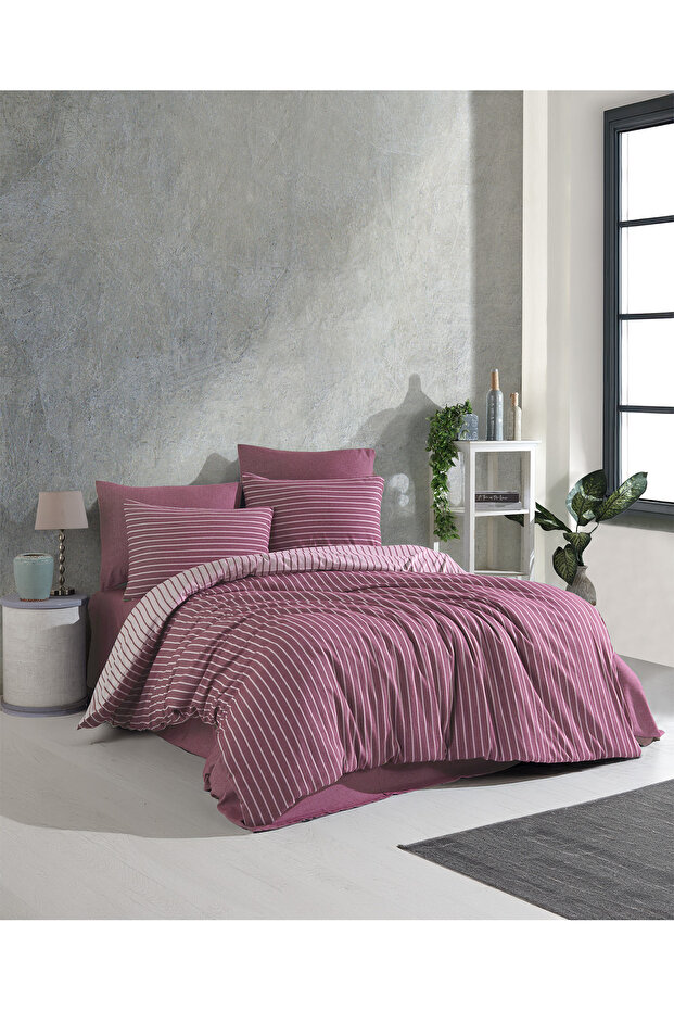 طقم غطاء لحاف قطني مخطط مزدوج من الساتان - 200 × 220 سم (بدون ملاءات)