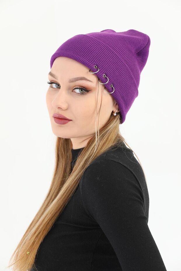 Kadın Mor Piercingli Kışlık Bere - 3
