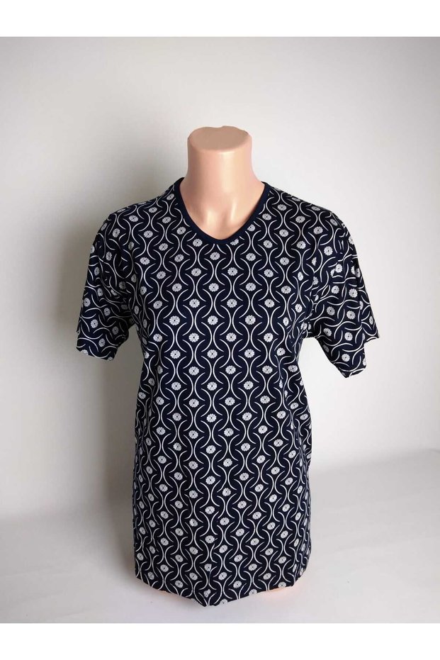Women's Navy Blue Patterned V-Neck Short Slit Viscose Stretch Fabric Mom T- Jersey Blouse with Side Slits