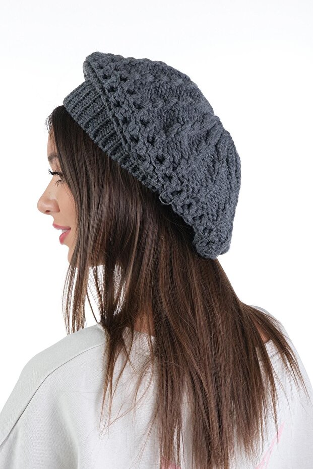 Kadın Antrasit Triko Tek Kat Ressam Bere - 5