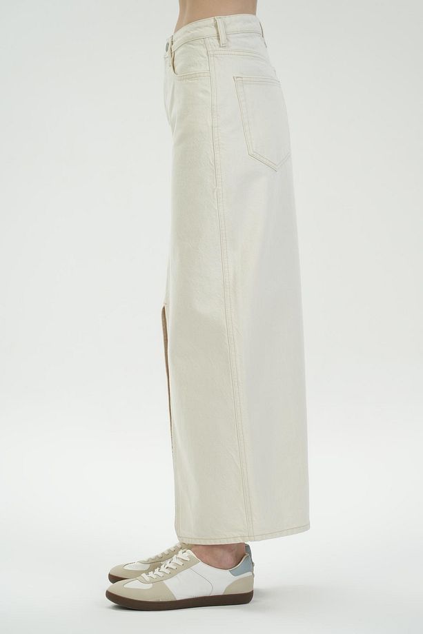 Ekru Yüksek Bel Yırtmaçlı Maxi Jean Etek C 4532-058 - 3