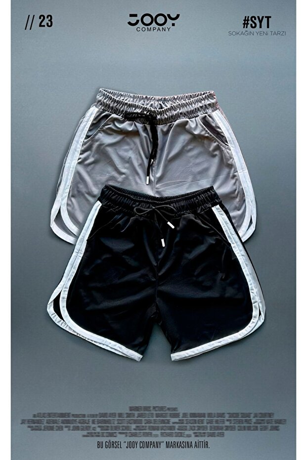 Grey-Black Mesh Basketball Training Shorts Set of 2 with Stripe Detail - 1