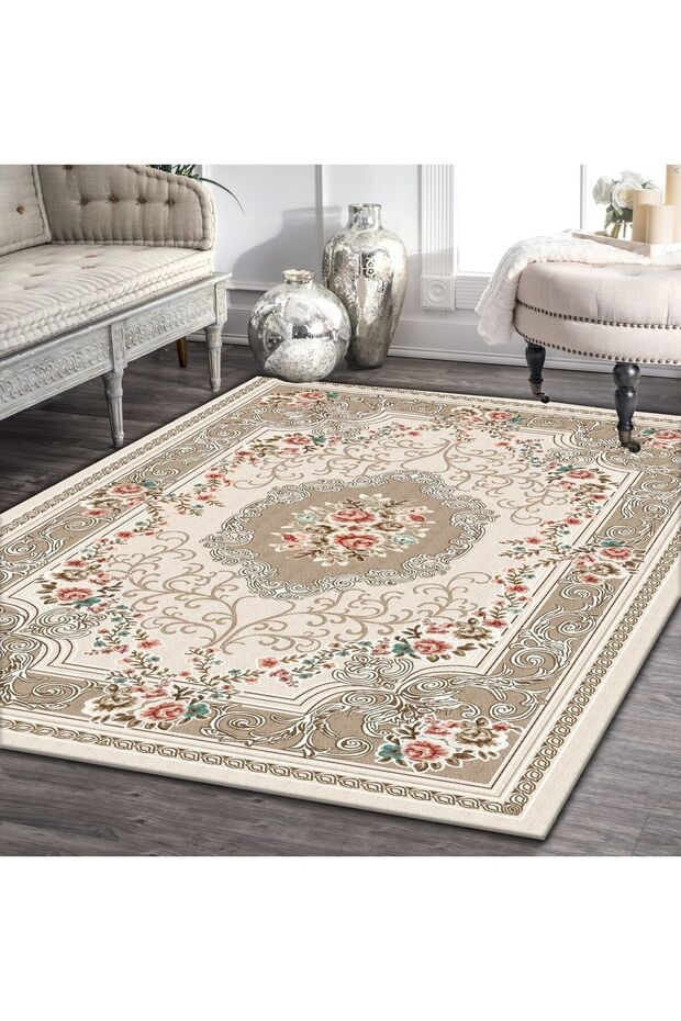 10291-غطاء سجاد غير قابل للانزلاق بلون كريمي وأحمر مزين بالزهور - 1